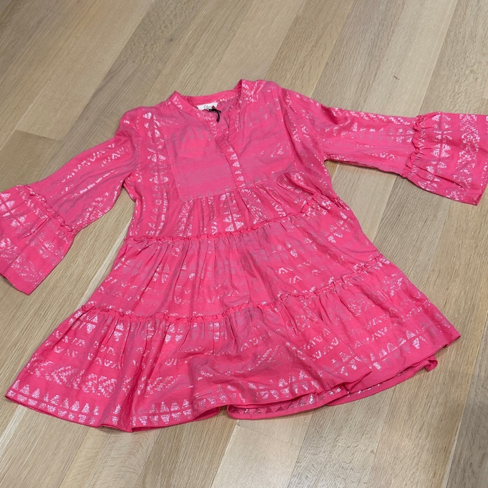 Elan Bright Pink Tiered Dress with Metallic Accents